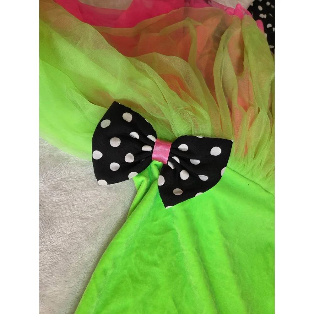 387 Girls Neon Green Pink Clown Costume Dress Tutu Polka Dot Leggings